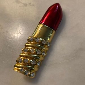Vintage red lipstick brooch with rhinestones gold finish
